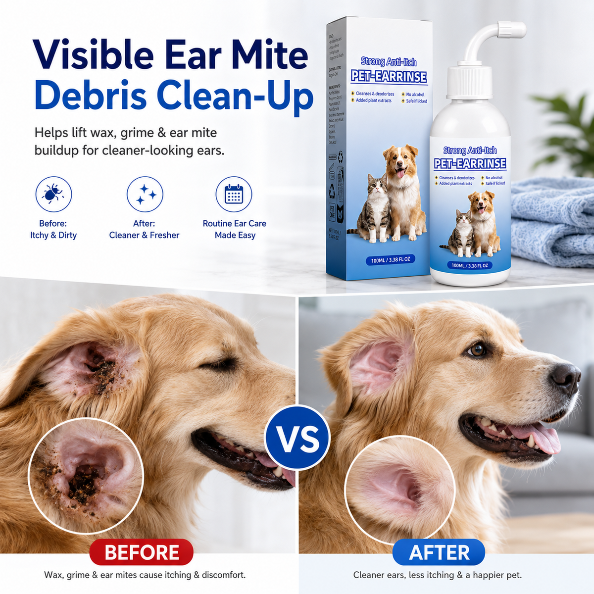 💧 Pet Ear Cleansing Solution – Daily Care for Clean, Fresh & Happy Ears 🐶🐈️ Trusted by 150,000+ Pet Owners 🐾