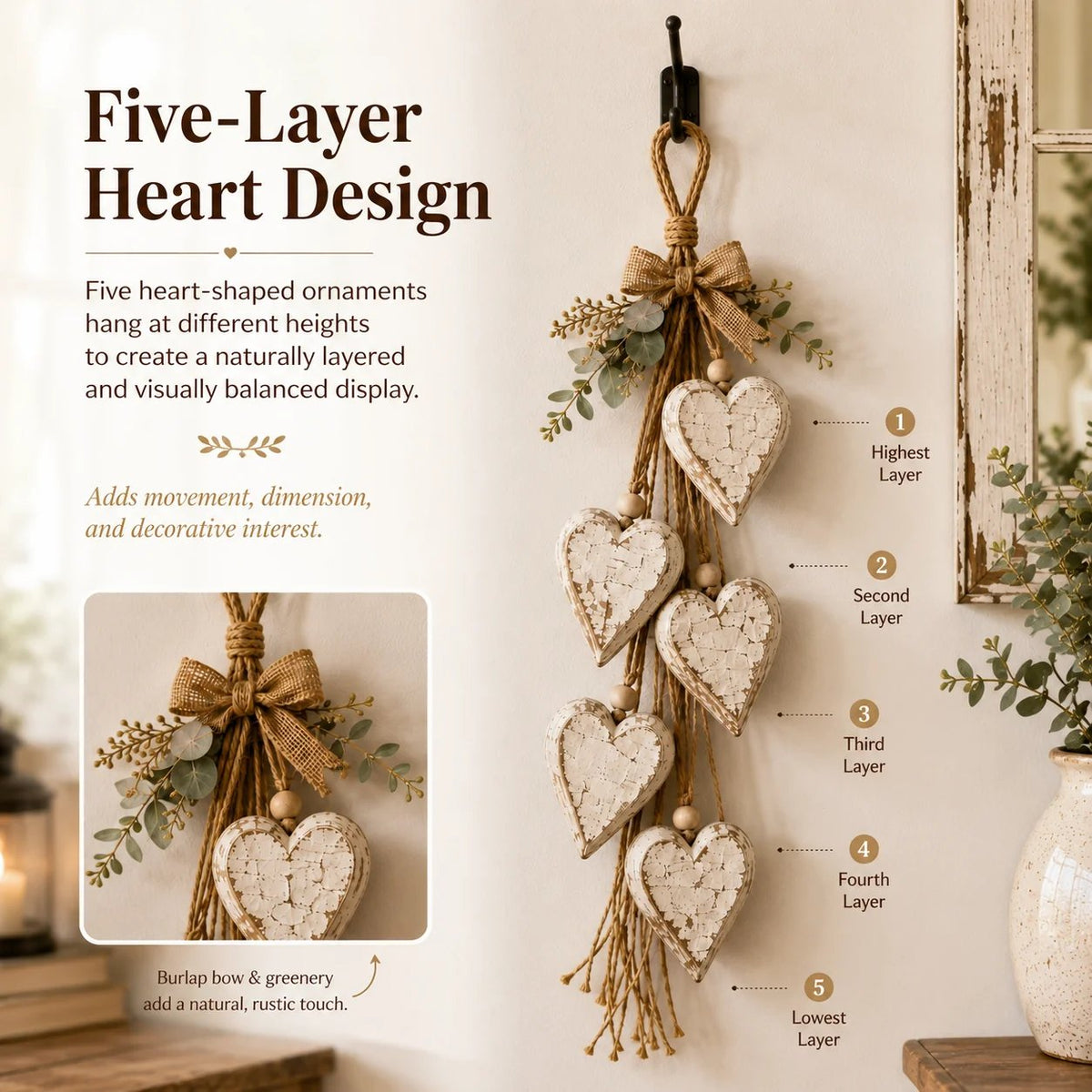 Rustic Hanging Heart Wall Decor with Optional Warm Lights