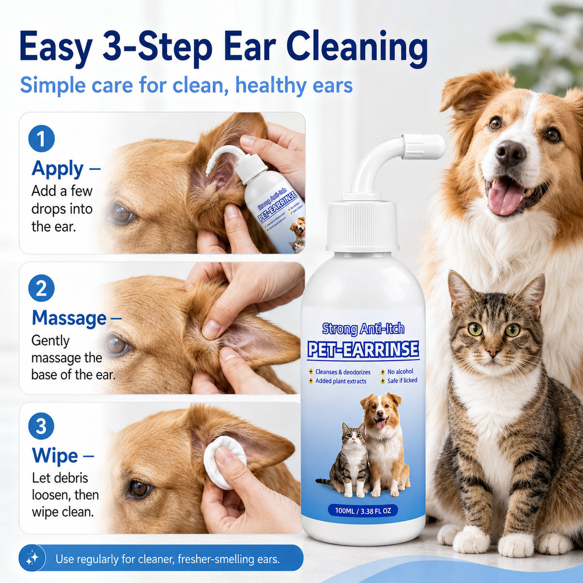 💧 Pet Ear Cleansing Solution – Daily Care for Clean, Fresh & Happy Ears 🐶🐈️ Trusted by 150,000+ Pet Owners 🐾