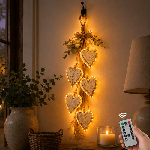 Rustic Hanging Heart Wall Decor with Optional Warm Lights