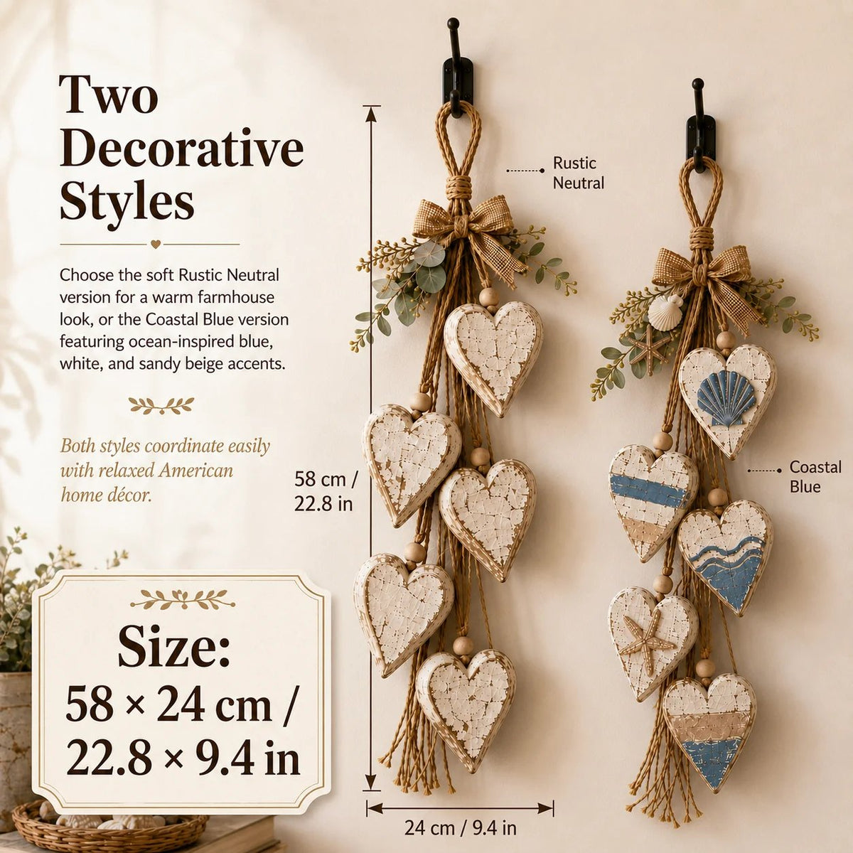 Rustic Hanging Heart Wall Decor with Optional Warm Lights