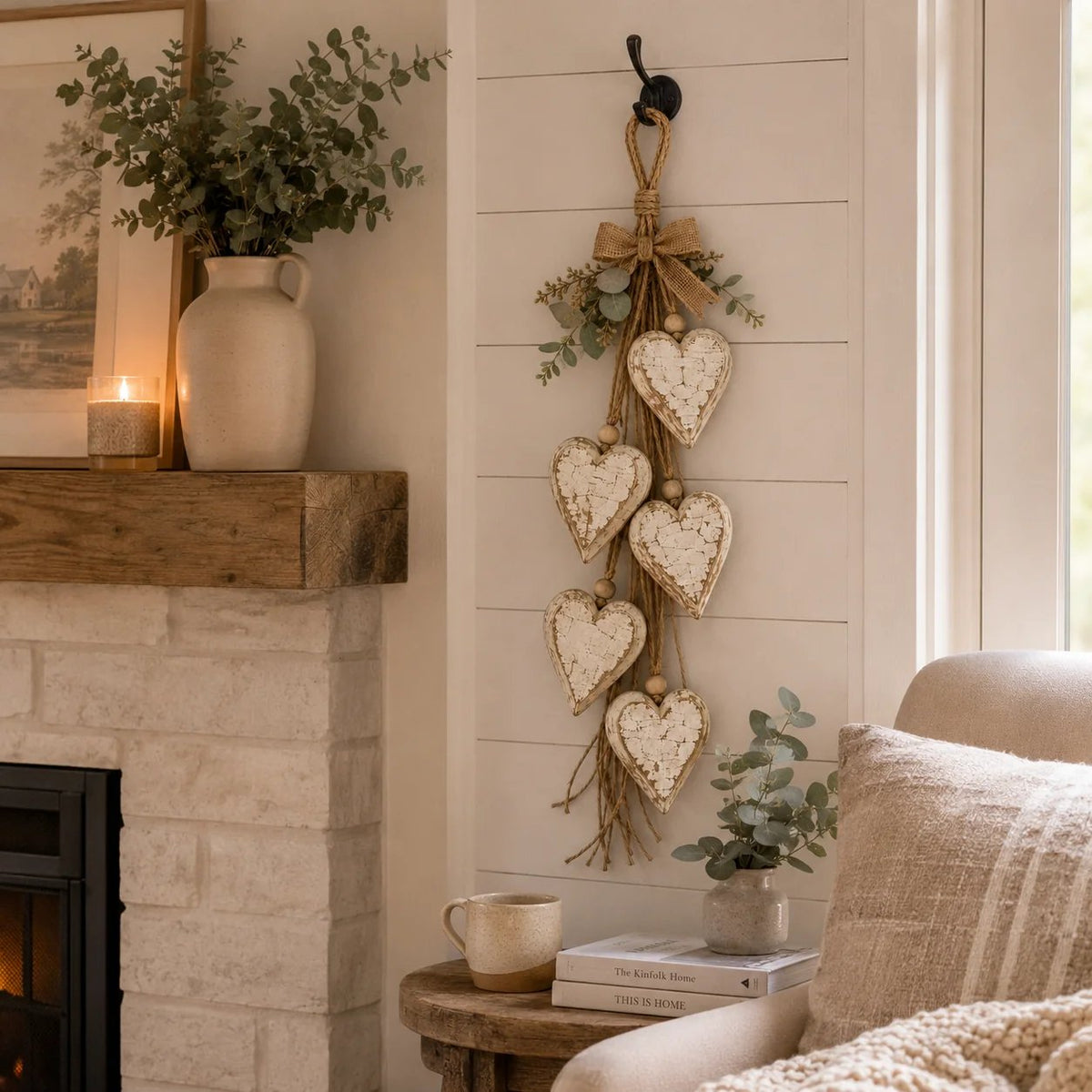 Rustic Hanging Heart Wall Decor with Optional Warm Lights
